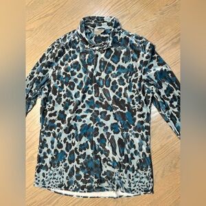 Asos velvet blue cheetah print over sized button down long sleeve shirt size XL